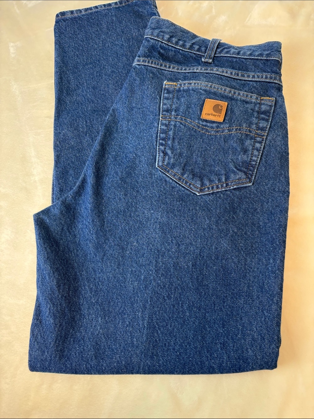 Carhartt Men's Relaxed Fit Dark Blue Denim Jeans with Tan Logo Patch 38X34